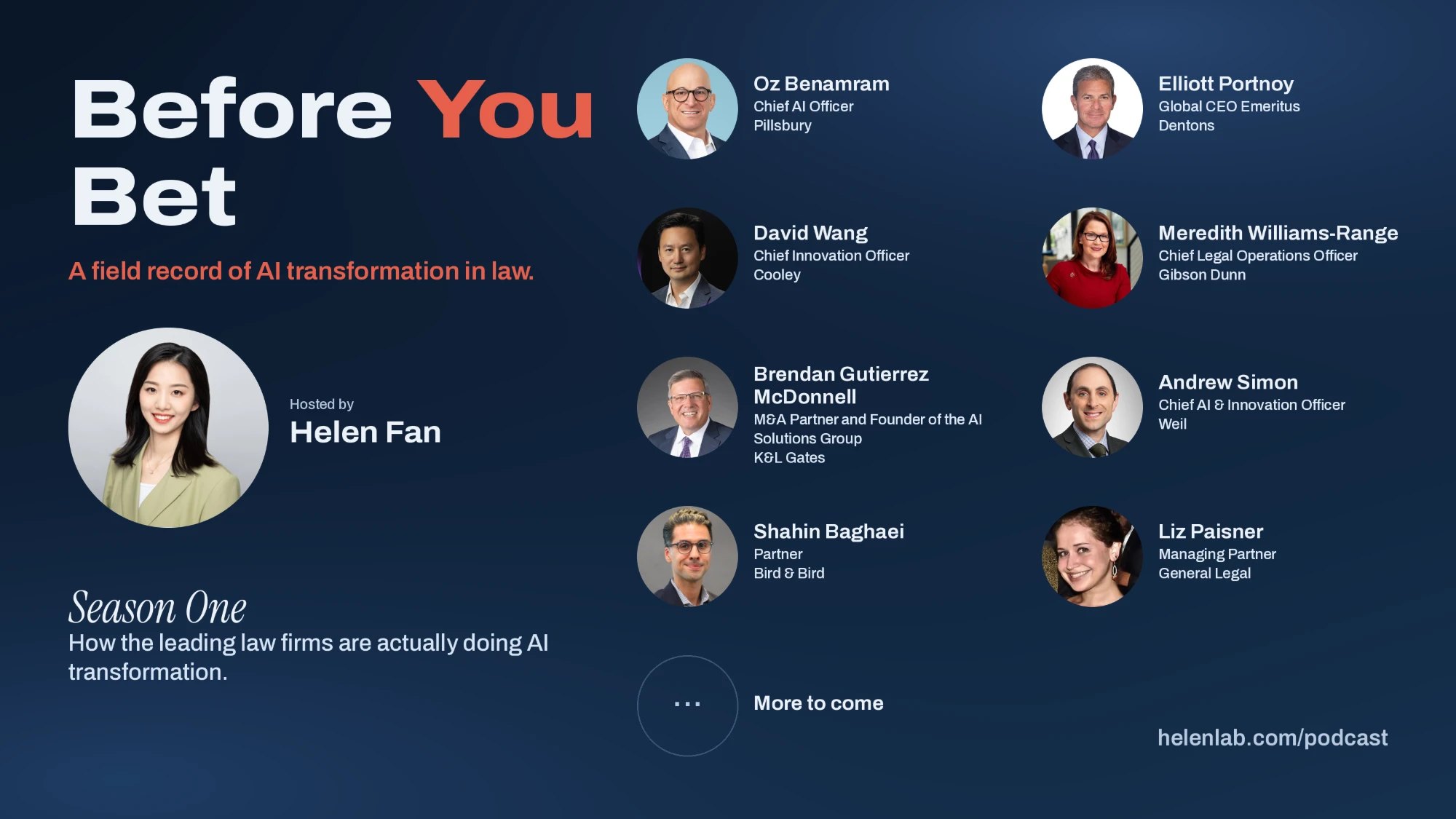 Before You Bet, Season One — hosted by Helen Fan, with guests from Pillsbury, Dentons, Cooley, Gibson Dunn, K&L Gates, Weil, Bird & Bird and General Legal